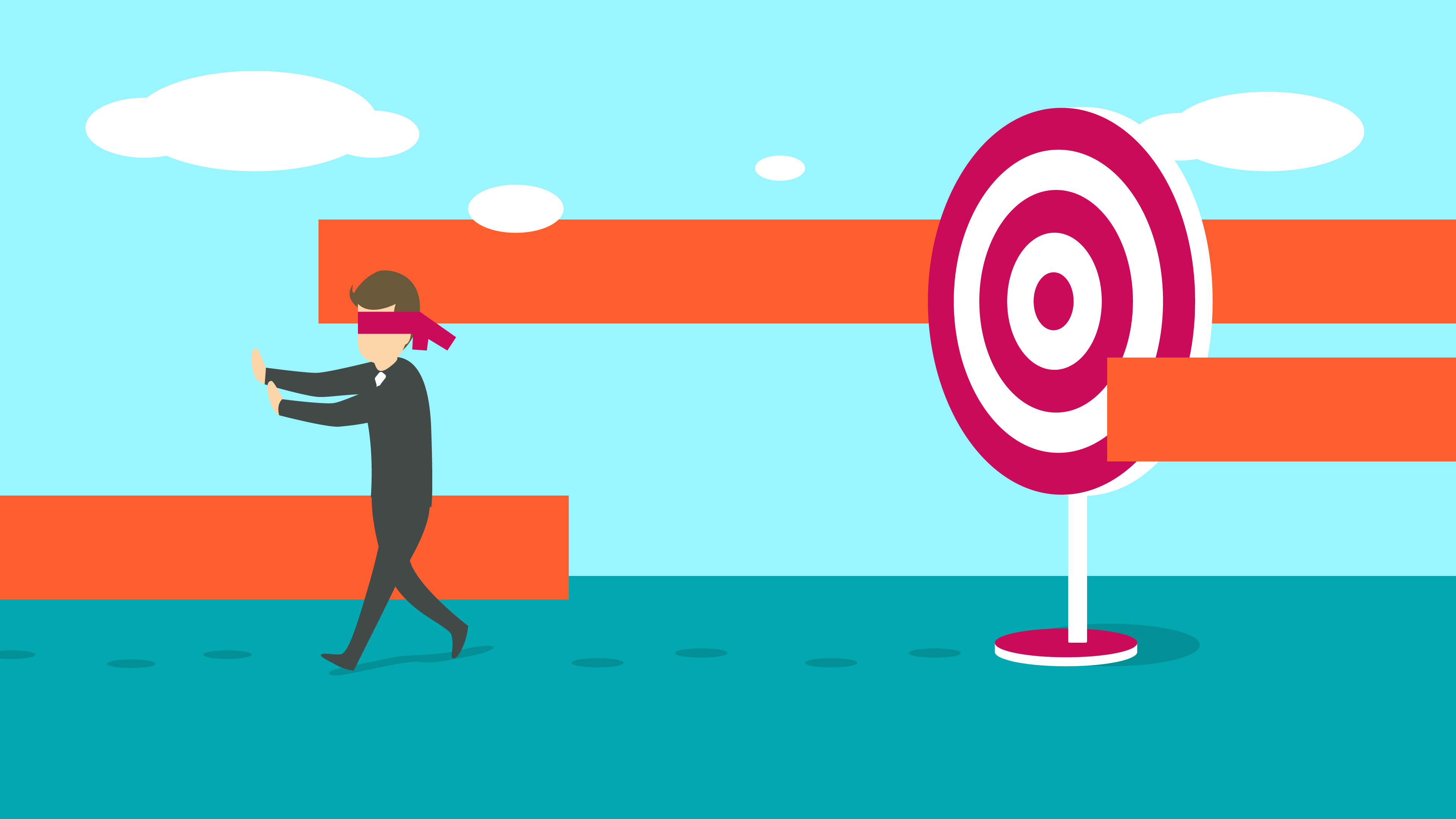 A blindfolded man runs away from a target.